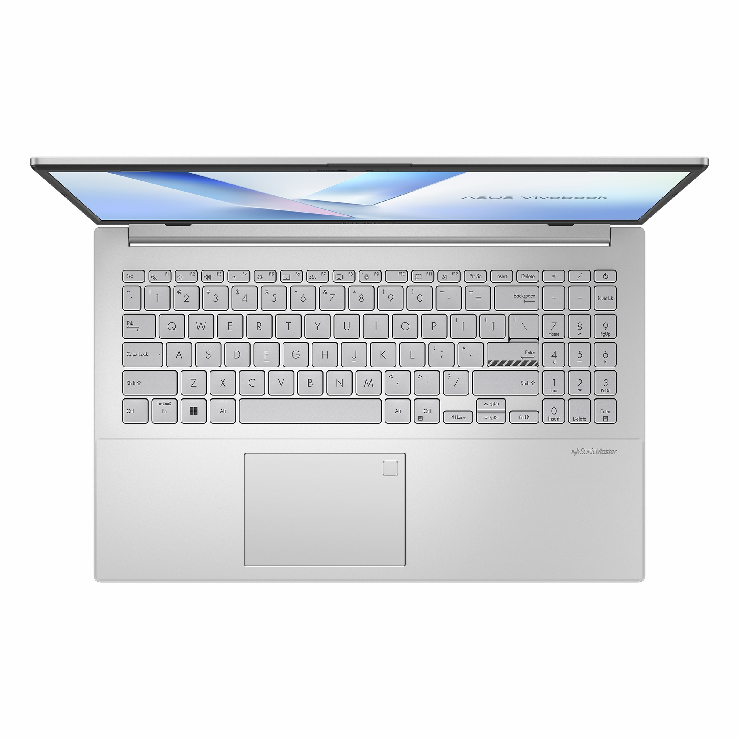 QWERTY klavyeli ve açık ekranlı gümüş renkli bir dizüstü bilgisayarın üstten görünümü.
