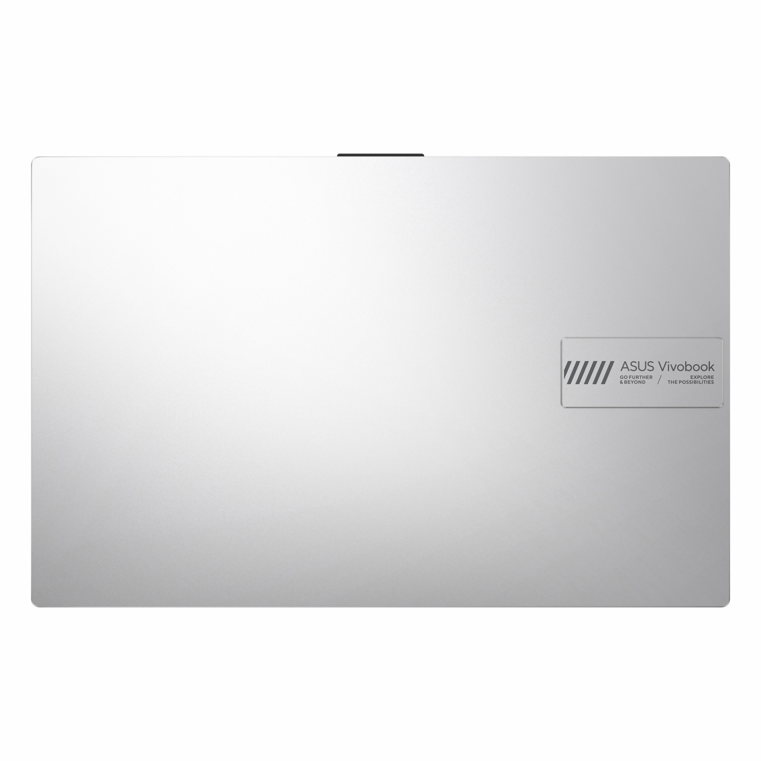 Yukarıdan görülen kapalı gümüş Asus Vivobook dizüstü bilgisayar, logo rozetli.