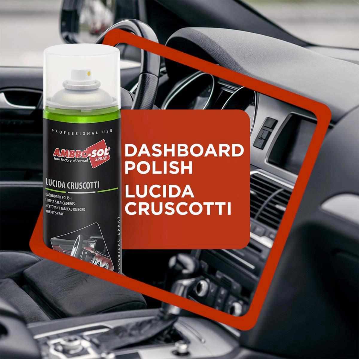 Uno spray lucidante per cruscotti Ambro-Sol davanti all'interno di un'auto con testo in sovraimpressione.