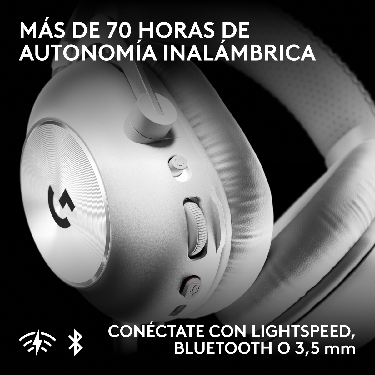Auriculares blancos Logitech con controles y logotipo sobre fondo oscuro.