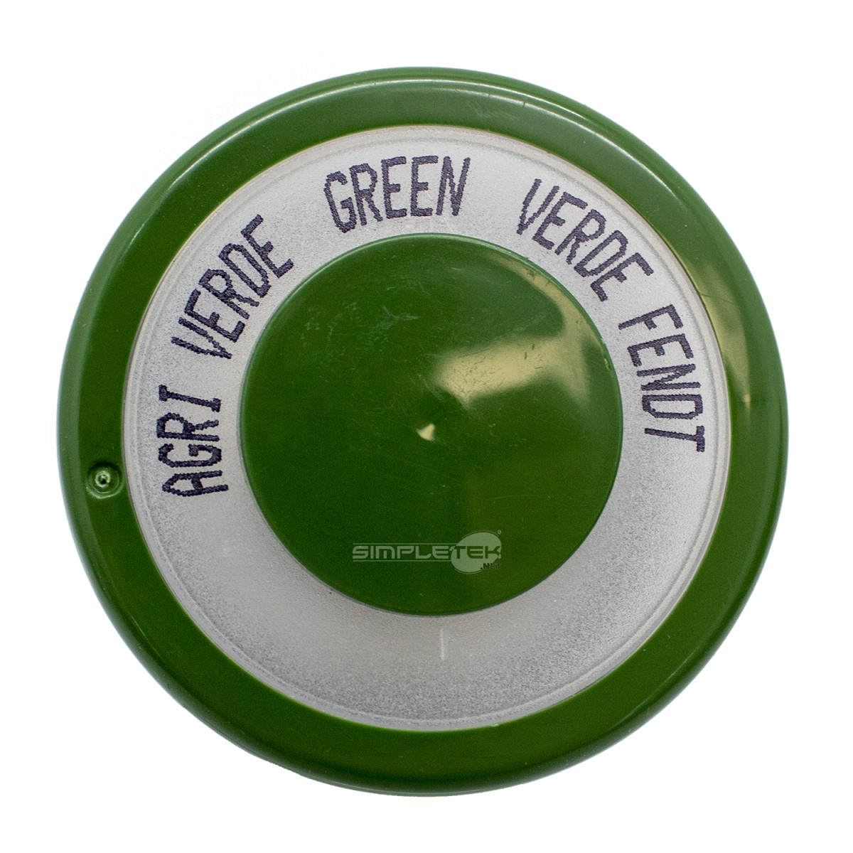 Coperchio metallico tondo verde con anello bianco e scritta nera Agri Verde Green Verde Fendt.