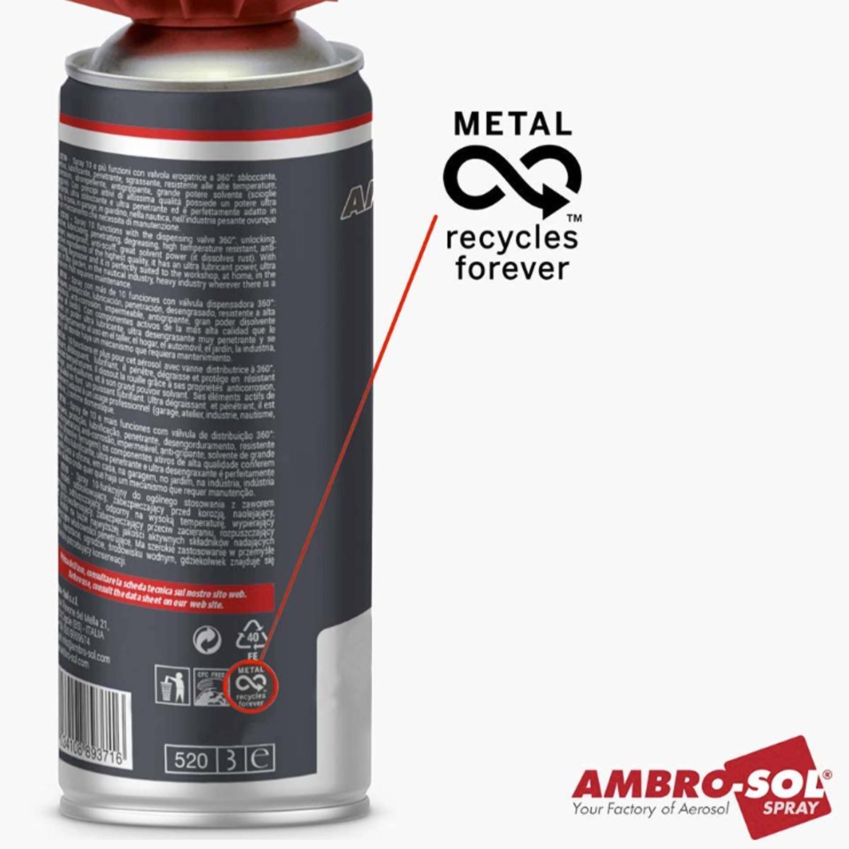 Una bomboletta spray grigia e rossa con testo e simbolo di metallo riciclabile all'infinito.