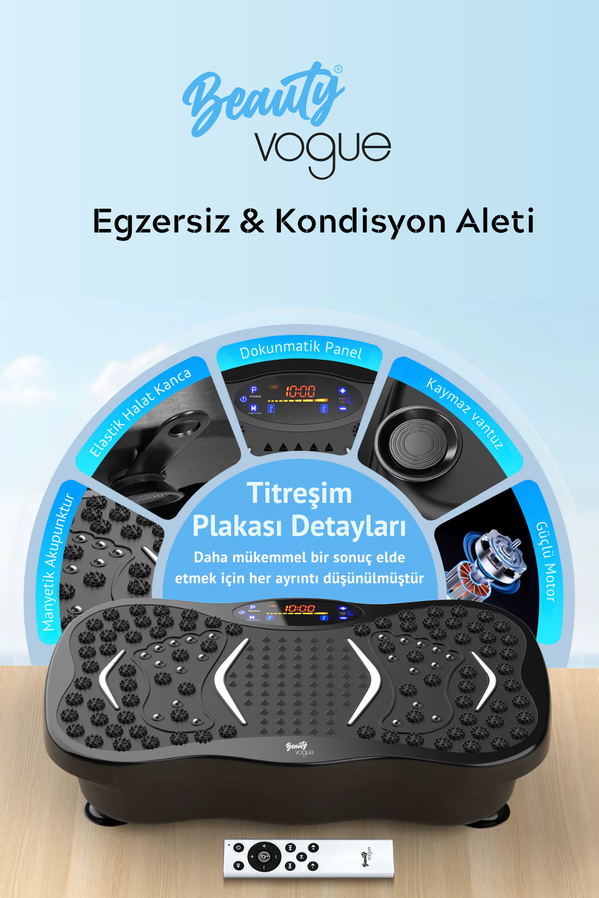 Beauty Vogue egzersiz aleti ozelliklerini gosteren urun tanitim afisi.