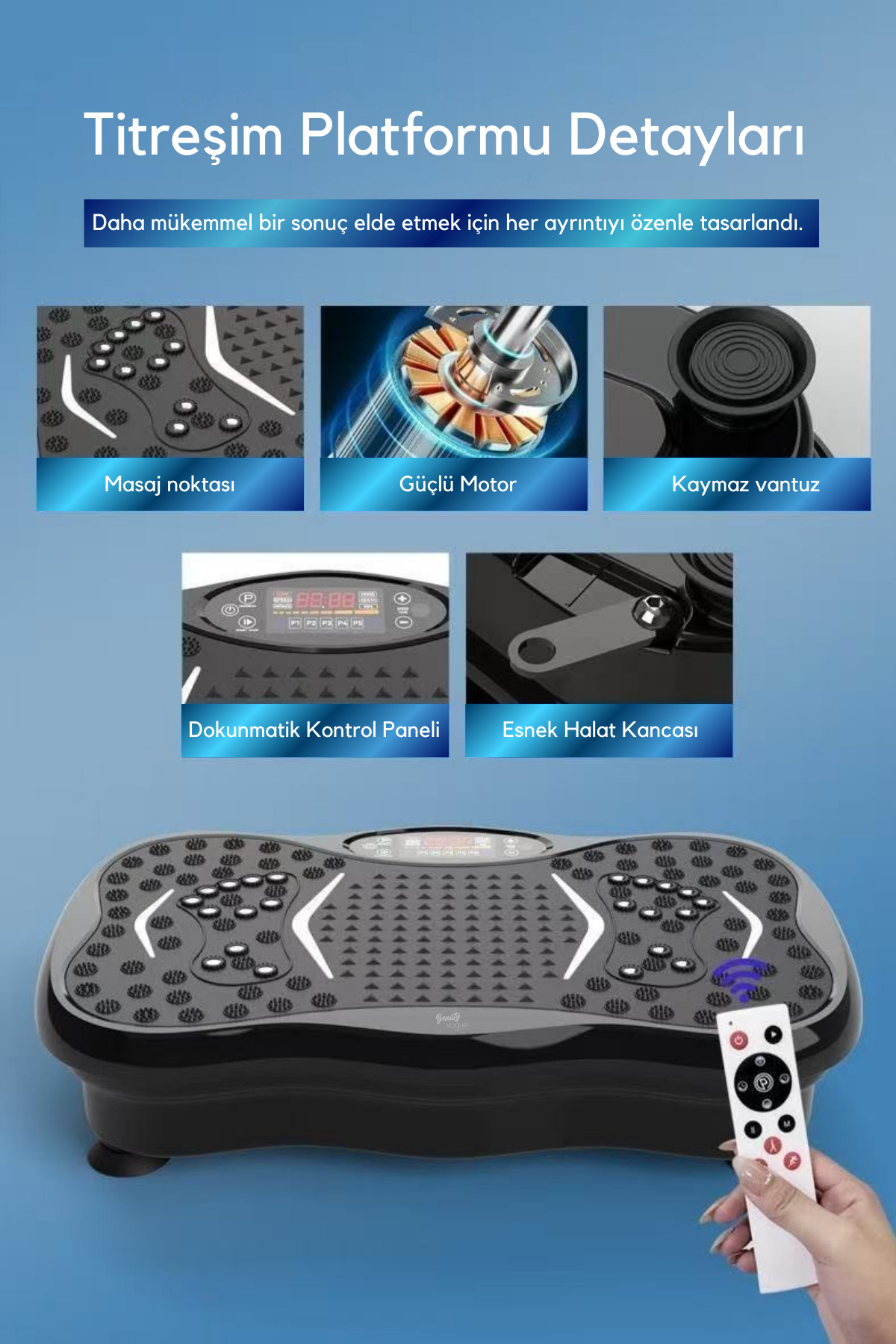 Motor, ekran, vantuz ve uzaktan kumanda detaylarıyla birlikte bir titreşim platformu genel görünümü.