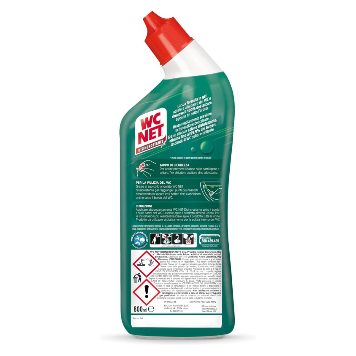 Flacone verde di gel WC Net con tappo rosso ed etichetta in italiano su sfondo bianco.