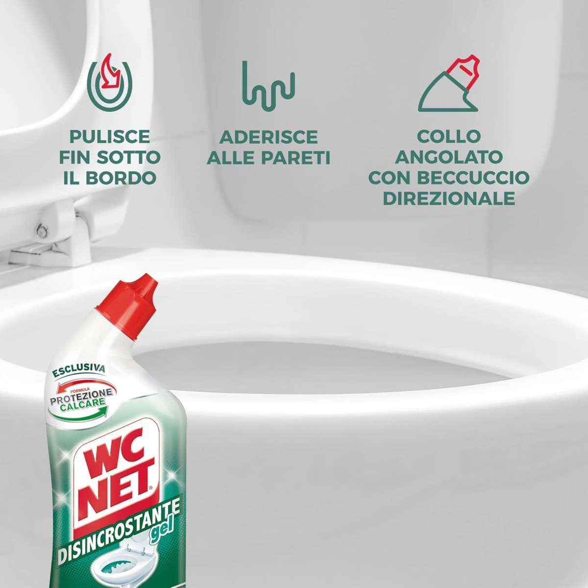 Una bottiglia di WC Net davanti a un wc bianco, con icone e testo in alto che evidenziano le caratteristiche del prodotto.