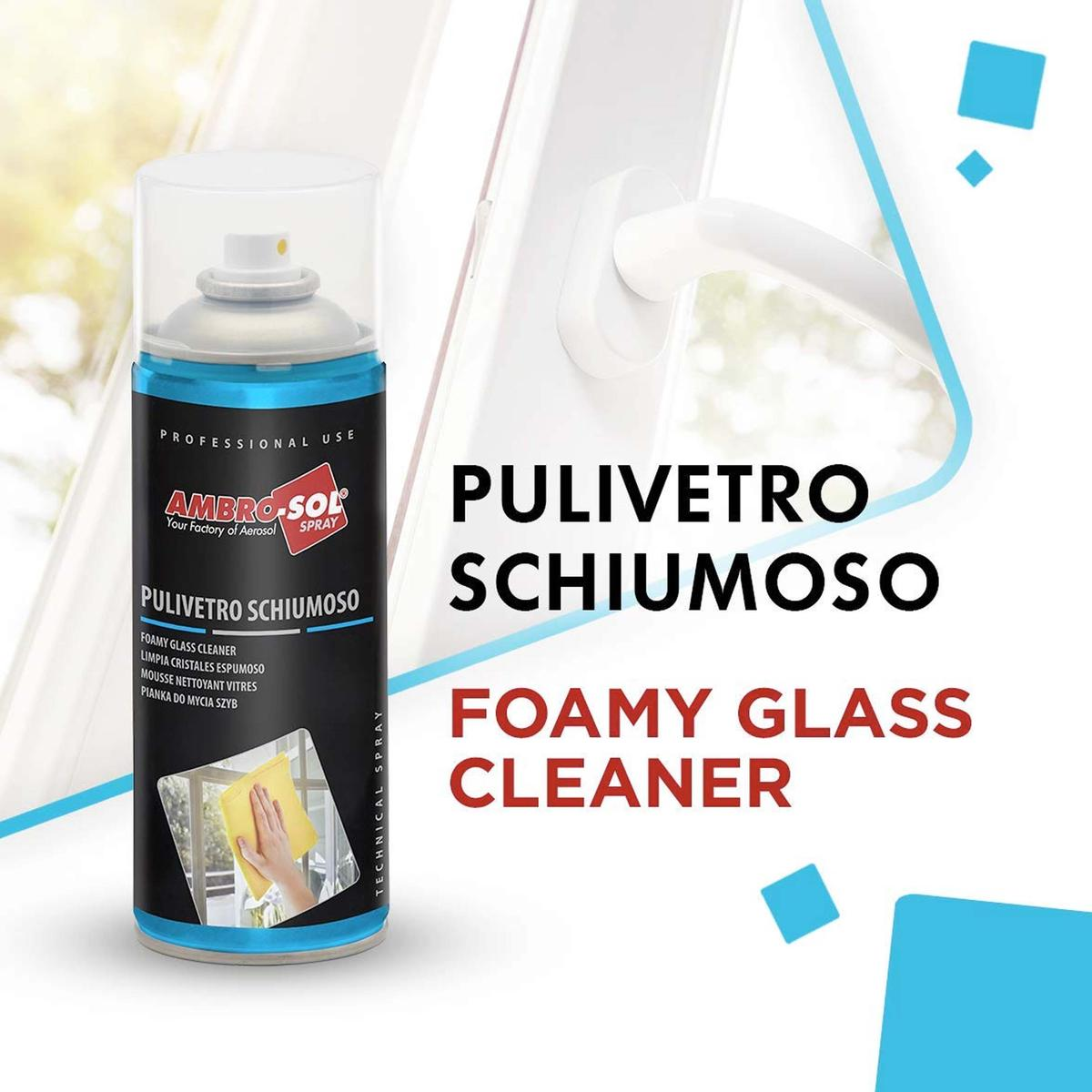 Una bomboletta spray per pulire i vetri Ambro-Sol Pulivetro Schiumoso con testo e finestre bianche sullo sfondo.