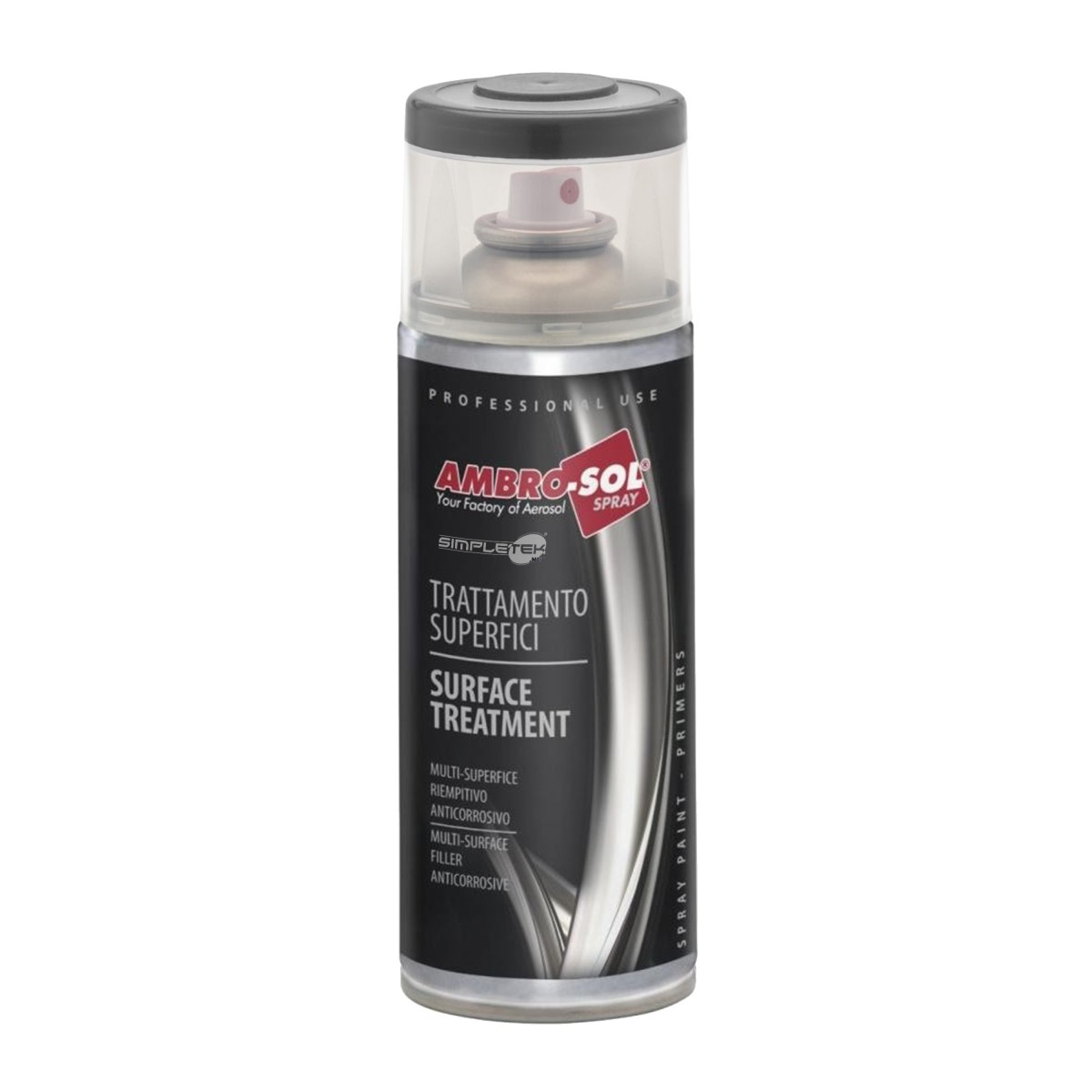 Una bomboletta spray nera con scritte bianche e rosse, tappo grigio e sfondo bianco.
