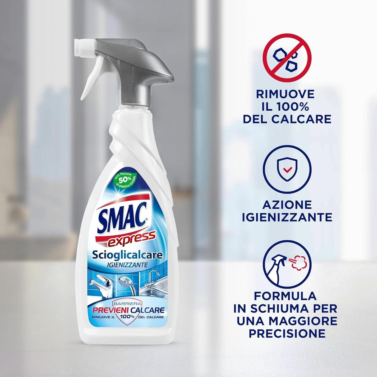 Flacone spray anticalcare Smac Express con benefici del prodotto a destra, su sfondo chiaro.