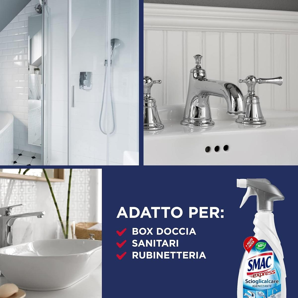Bagno con doccia, lavandino e rubinetti accanto a una bottiglia di anticalcare Smac Express.