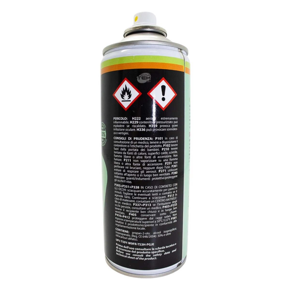 Bomboletta spray con simboli di pericolo e testo di avvertenza in italiano su fondo bianco.