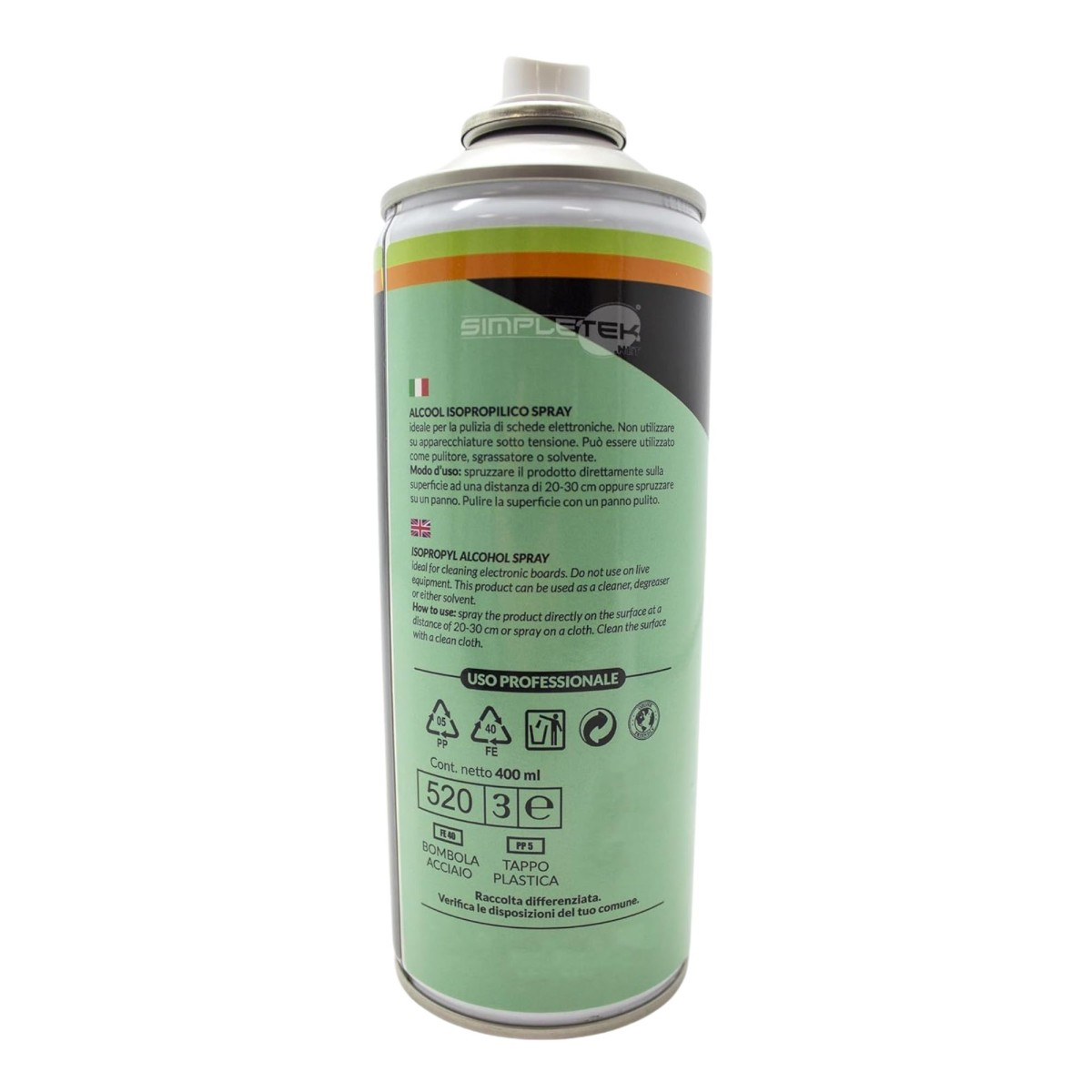 Una bomboletta spray di alcol isopropilico verde e bianca con testo in italiano e inglese.