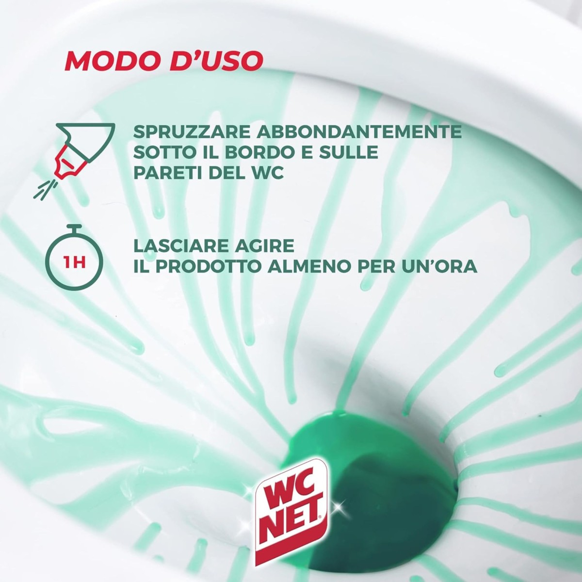 Istruzioni per la pulizia del WC con liquido detergente verde che cola nel wc.