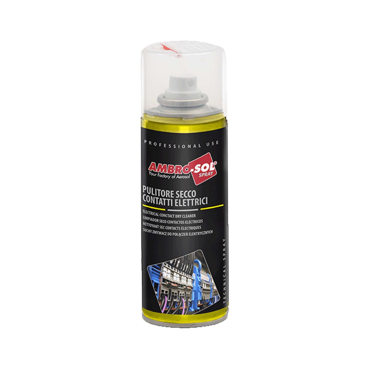 Bomboletta spray nera e gialla di pulitore contatti Ambro-Sol con tappo trasparente su sfondo bianco.