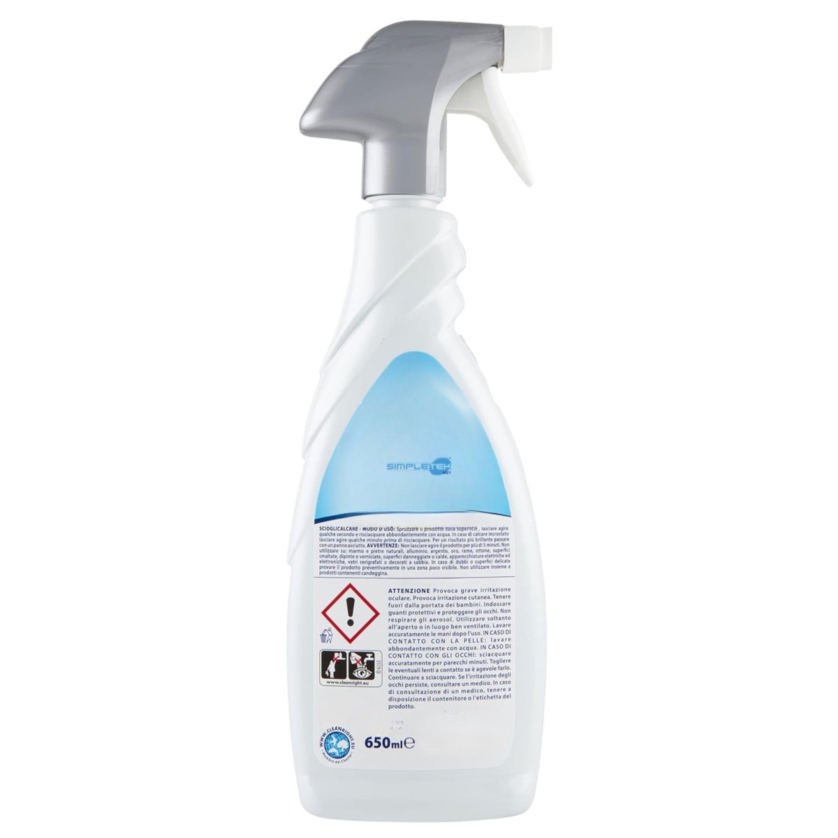Un flacone spray bianco da 650 ml con erogatore grigio e etichetta blu con avvertenze, isolato su sfondo bianco.