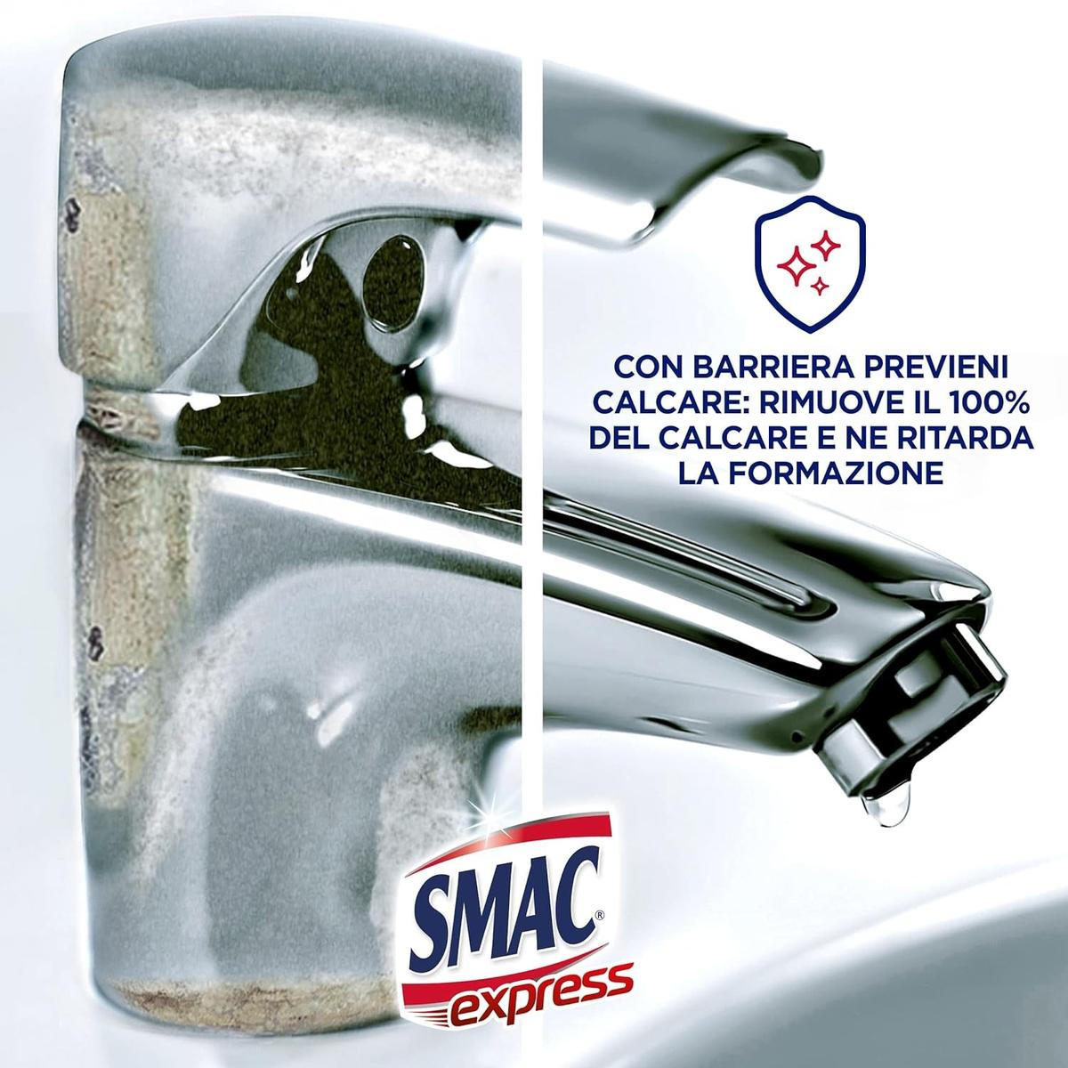 Confronto prima e dopo di un rubinetto calcareo e uno pulito e lucido con il logo Smac Express.