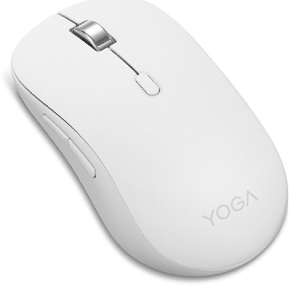 Un ratón de ordenador inalámbrico blanco con rueda plateada y logotipo Yoga sobre fondo blanco.