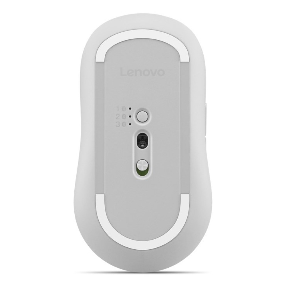 La parte inferior de un ratón Lenovo blanco con sensores, botones y almohadillas antideslizantes.