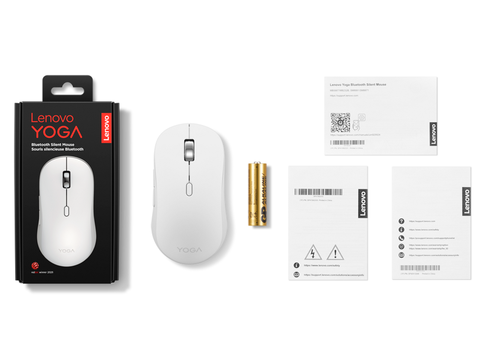 Ratón Bluetooth Lenovo Yoga con embalaje, pila y manuales sobre fondo blanco.