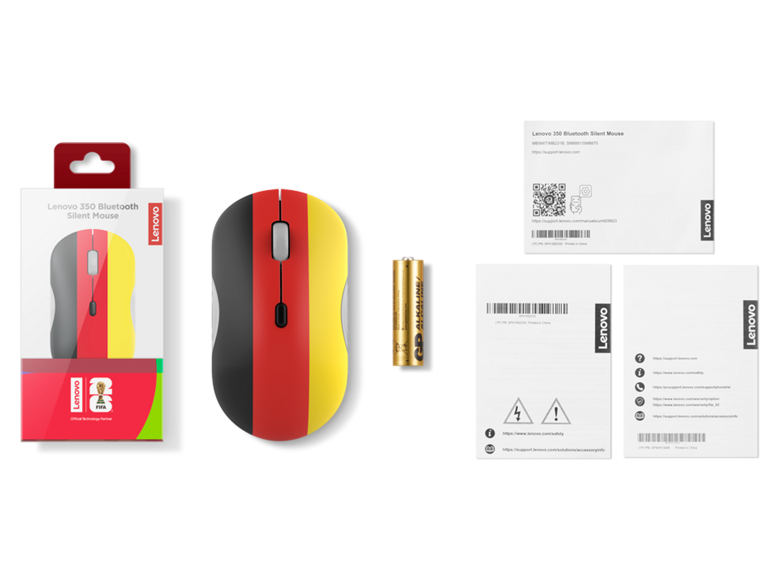 Un ratón Lenovo 350 Bluetooth con diseño de bandera alemana, su caja, una pila AA y manuales.