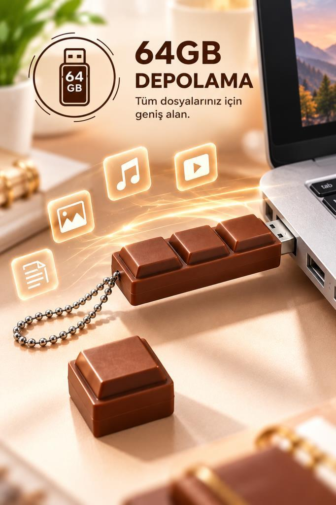 Dizüstü bilgisayara takılı kahverengi çikolata şeklinde USB bellek, arka planda parlayan medya simgeleri.
