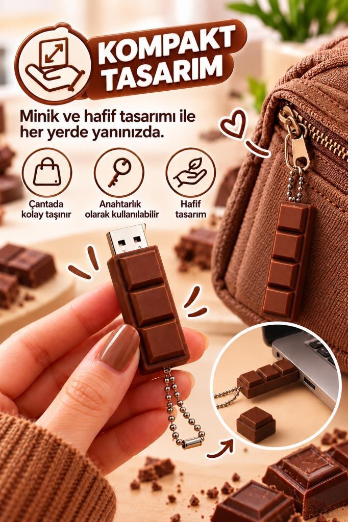 Elde zincirli çikolata şeklinde USB bellek, etrafında metin ve simgeler yer alıyor.