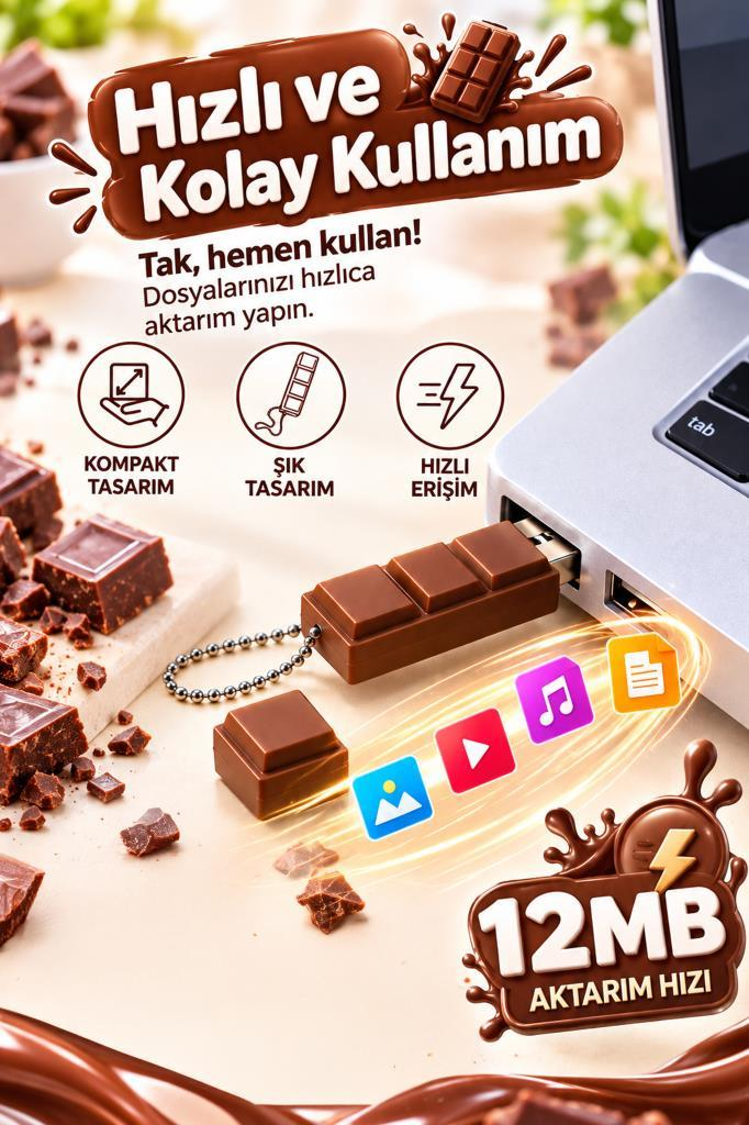 Çikolata şeklinde USB bellek dizüstü bilgisayara takılı, çikolata parçaları ve Türkçe tanıtım metinleriyle.