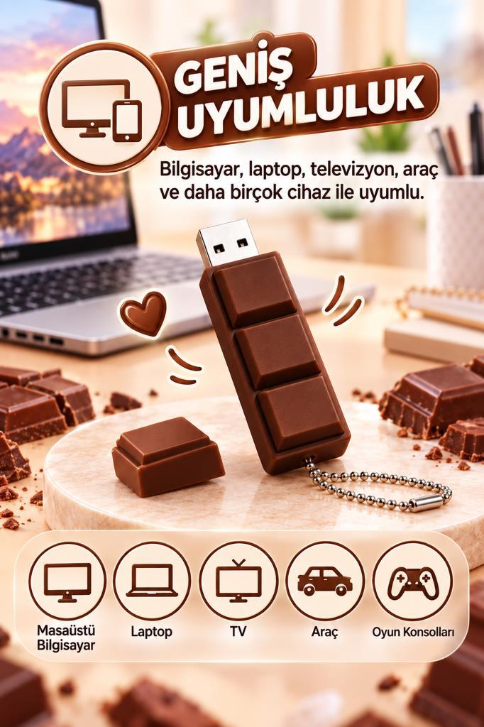 Çikolata şeklinde USB bellek ve masada çikolata parçaları.