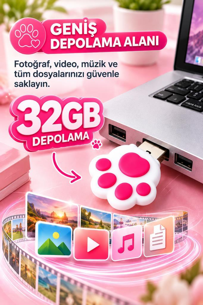 Dizüstü bilgisayara takılı pati şeklinde 32GB USB bellek, medya depolama metin ve simgeleriyle.