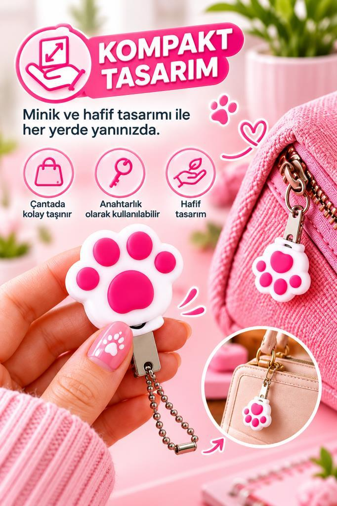 Pembe arka planda metin ve simgeler içeren, pençe şeklinde pembe-beyaz bir anahtarlık tutan el.
