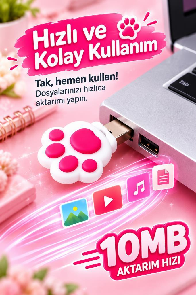 Pembe kedi patili beyaz bir USB bellek bir dizüstü bilgisayara takılı.