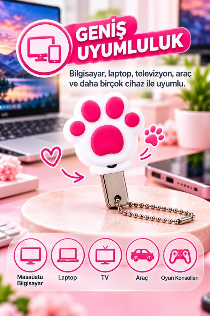Mermer zemin üzerinde pembe kedi patisi şeklinde USB bellek ve cihaz uyumluluk simgeleri.