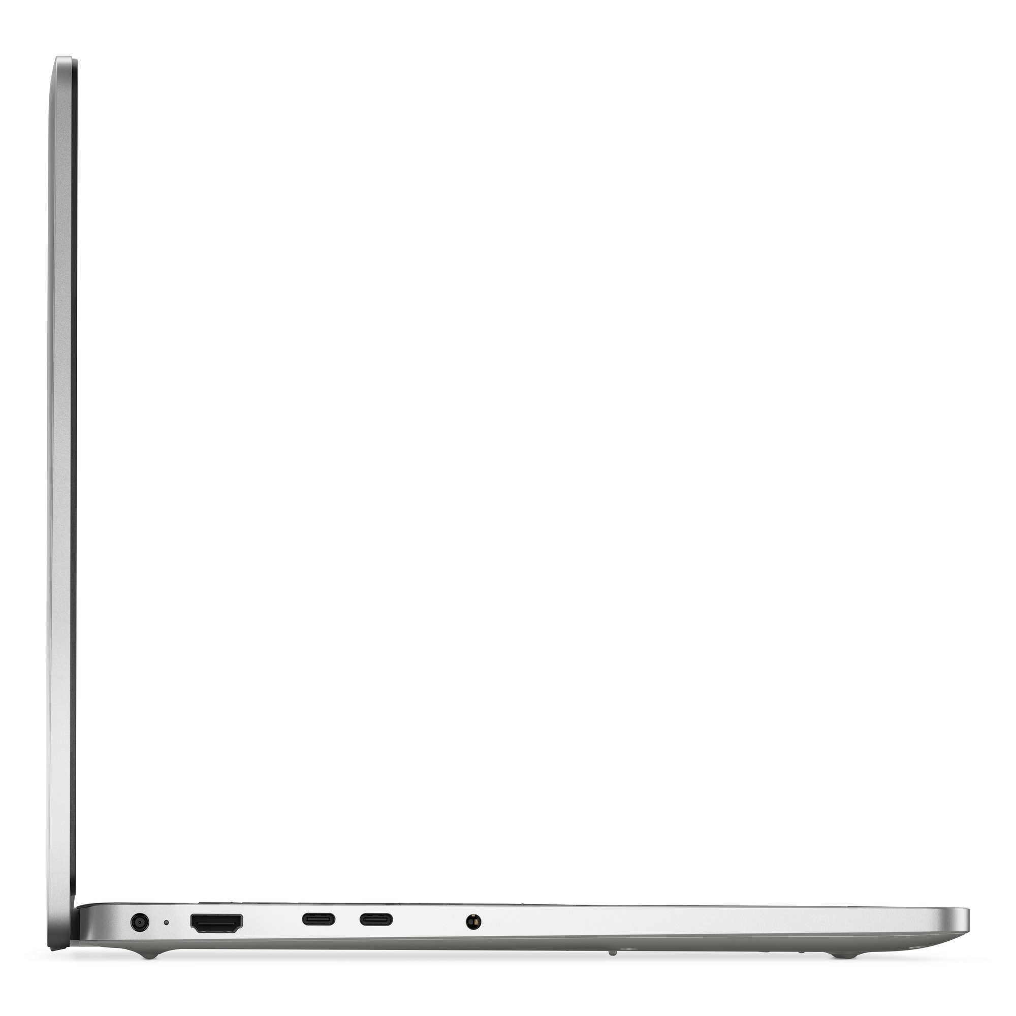 HDMI ve USB-C bağlantı noktalarına sahip kapalı gümüş dizüstü bilgisayarın yandan görünümü.