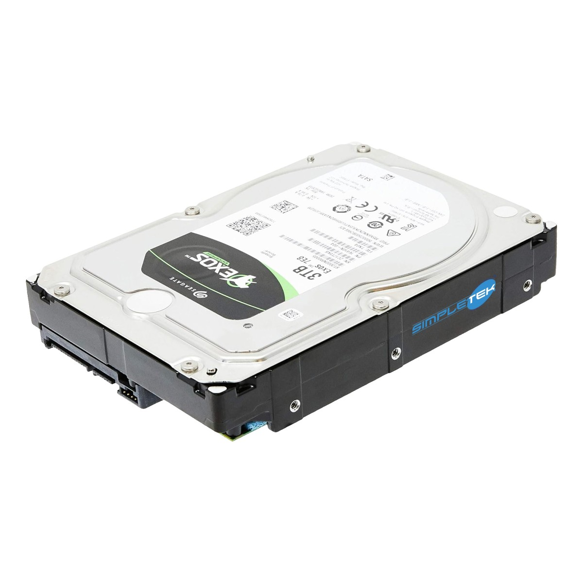 Un disco rigido interno Seagate Exos da 3,5 pollici con etichetta su sfondo bianco.