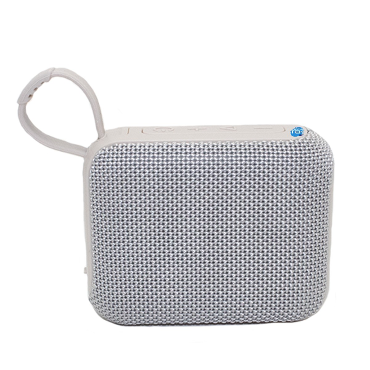 Un altoparlante Bluetooth quadrato grigio con una cinghia di trasporto sul lato sinistro, su sfondo bianco.