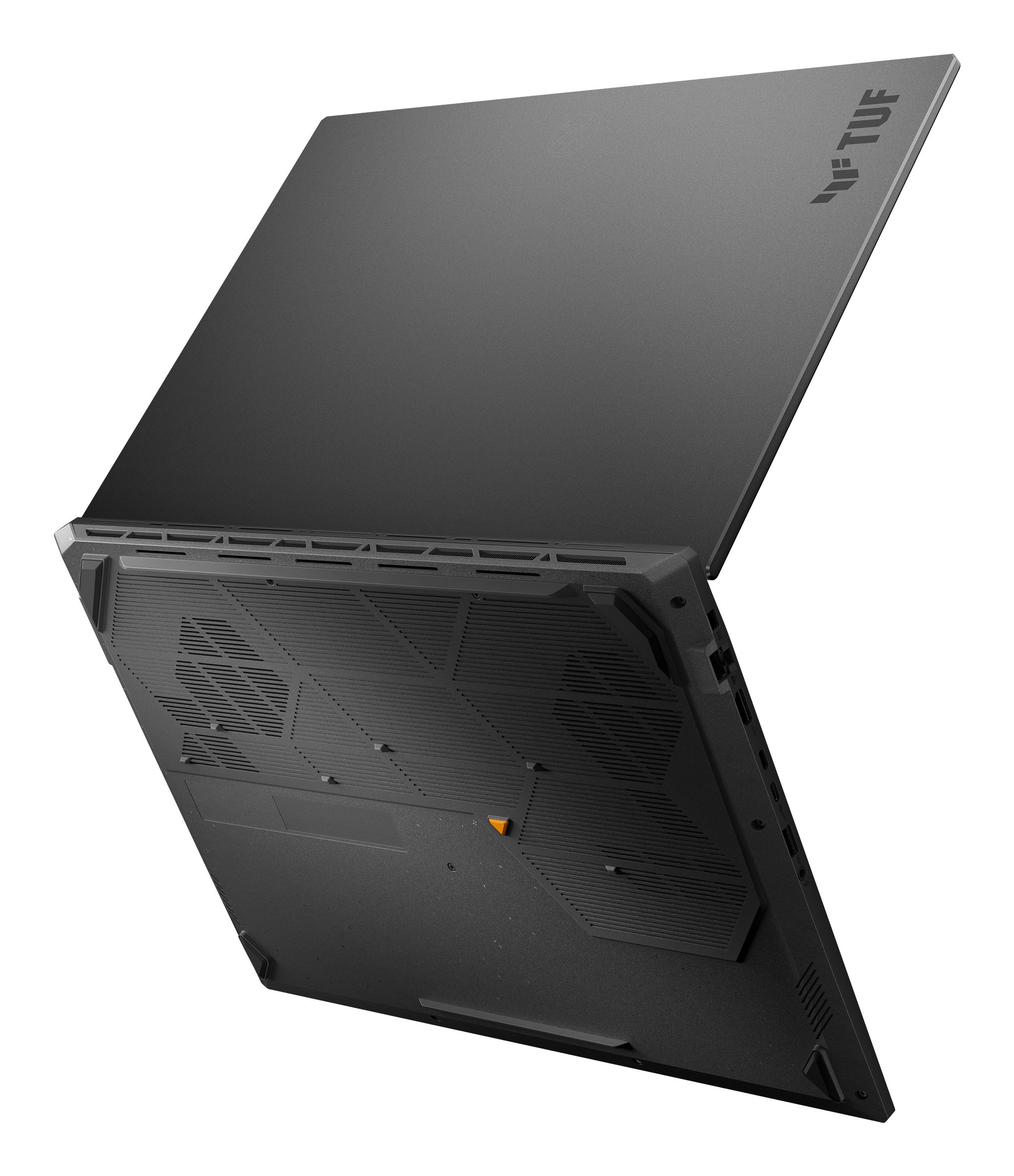 Un notebook da gioco ASUS TUF nero visto dal basso e dal retro, che mostra il telaio strutturato.