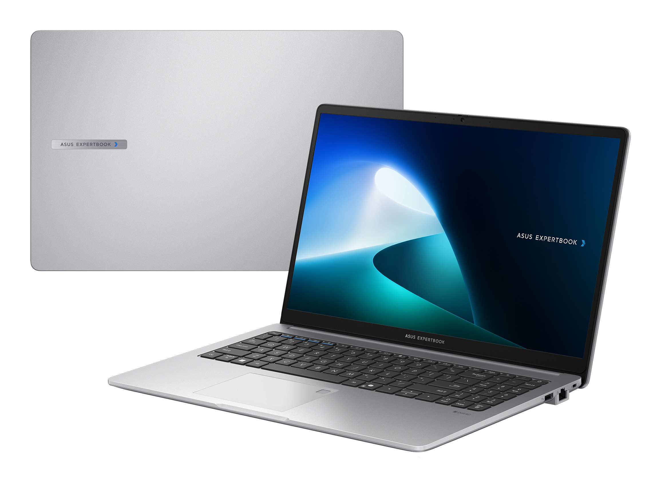 Laptop ASUS ExpertBook argento con schermo blu, che mostra il coperchio chiuso con logo sullo sfondo.