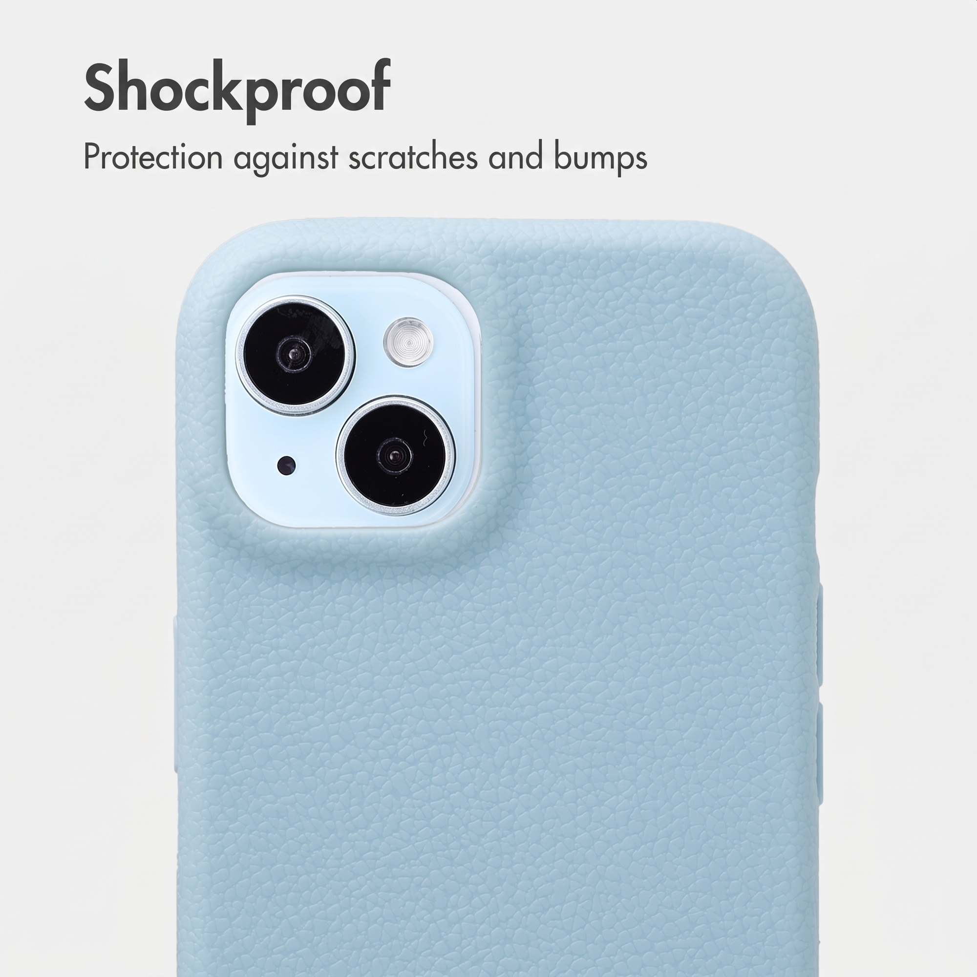 Schokbestendige lichtblauwe lederen smartphonehoes met dubbele camera.
