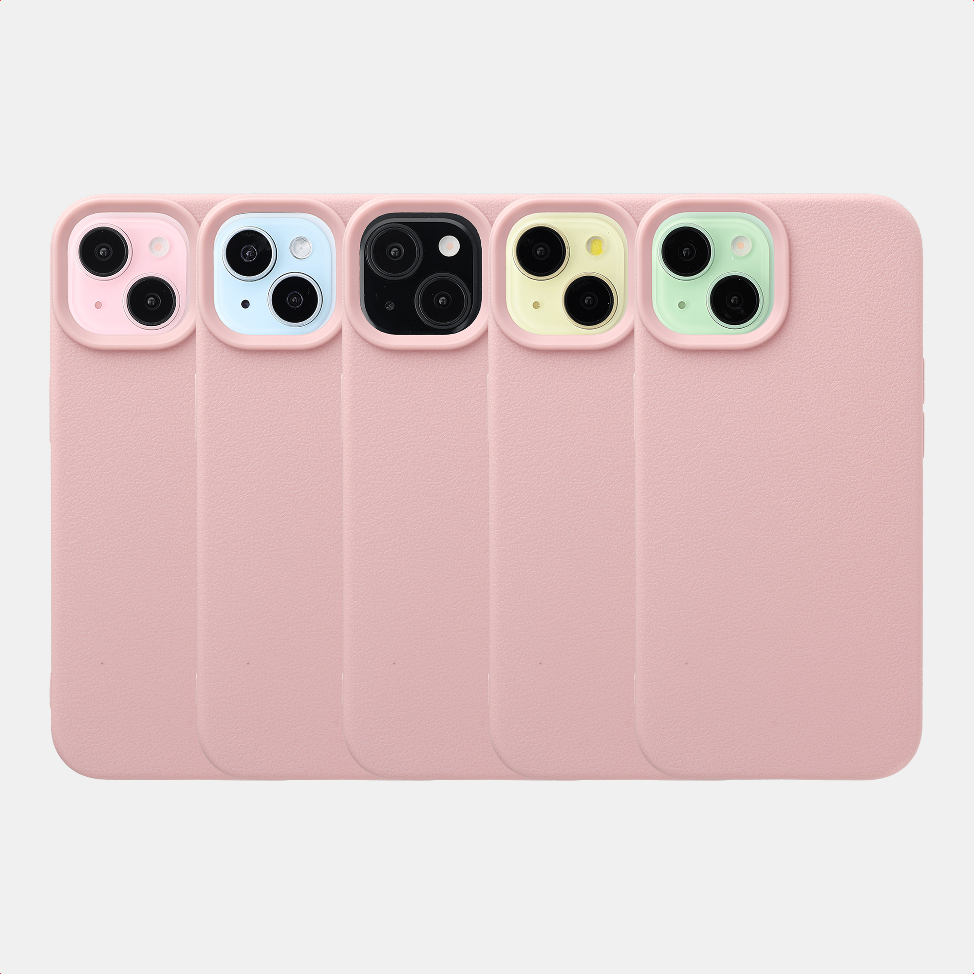 Vijf roze telefoonhoesjes met kleurrijke camerakaders in roze, lichtblauw, zwart, geel en lichtgroen.
