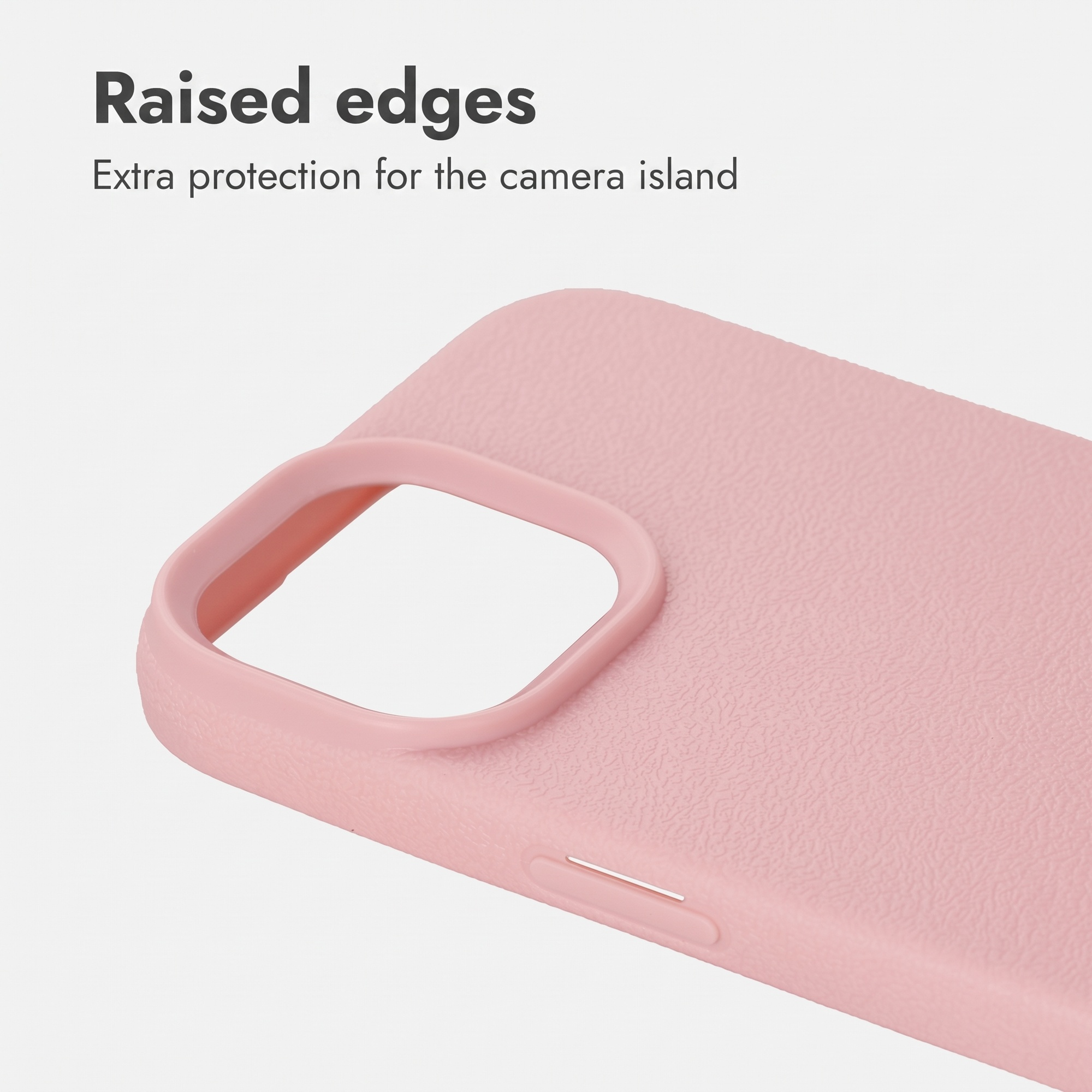 Close-up van een roze telefoonhoesje met opstaande randen bij de camera.
