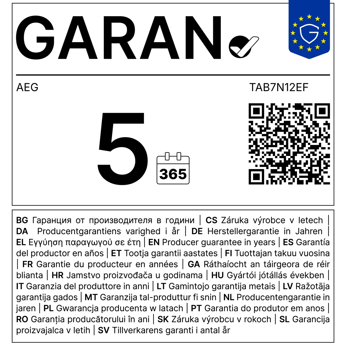 Etiqueta de garantía AEG con el texto GARAN, número 5, código QR y un emblema azul de la UE arriba a la derecha.