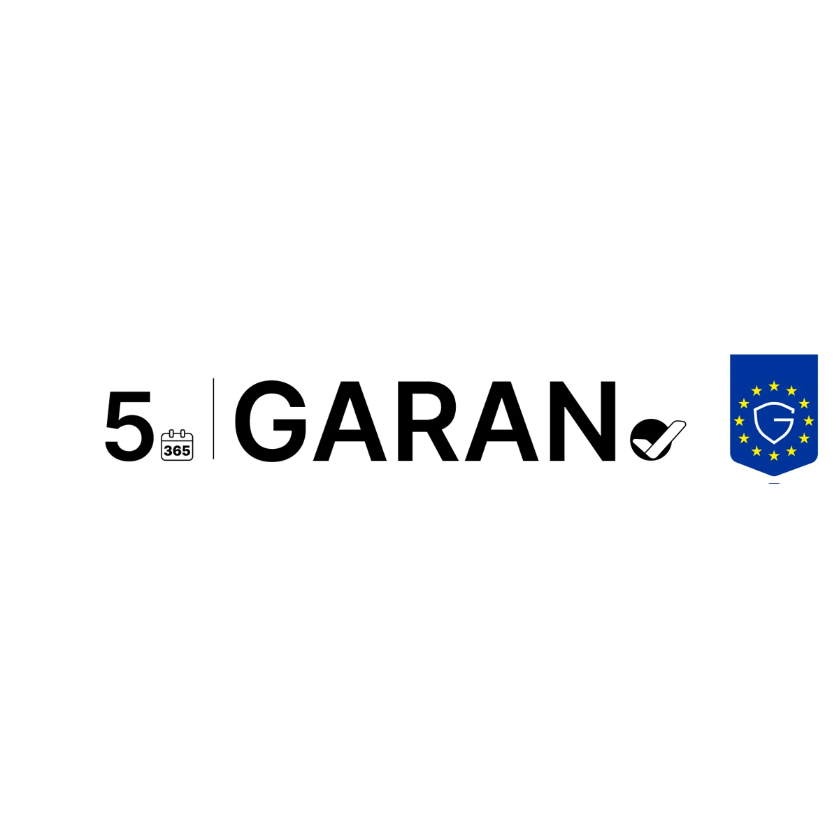 Logotipo con el número 5, un icono de calendario, el texto GARAN, una marca de verificación y un escudo azul con estrellas.
