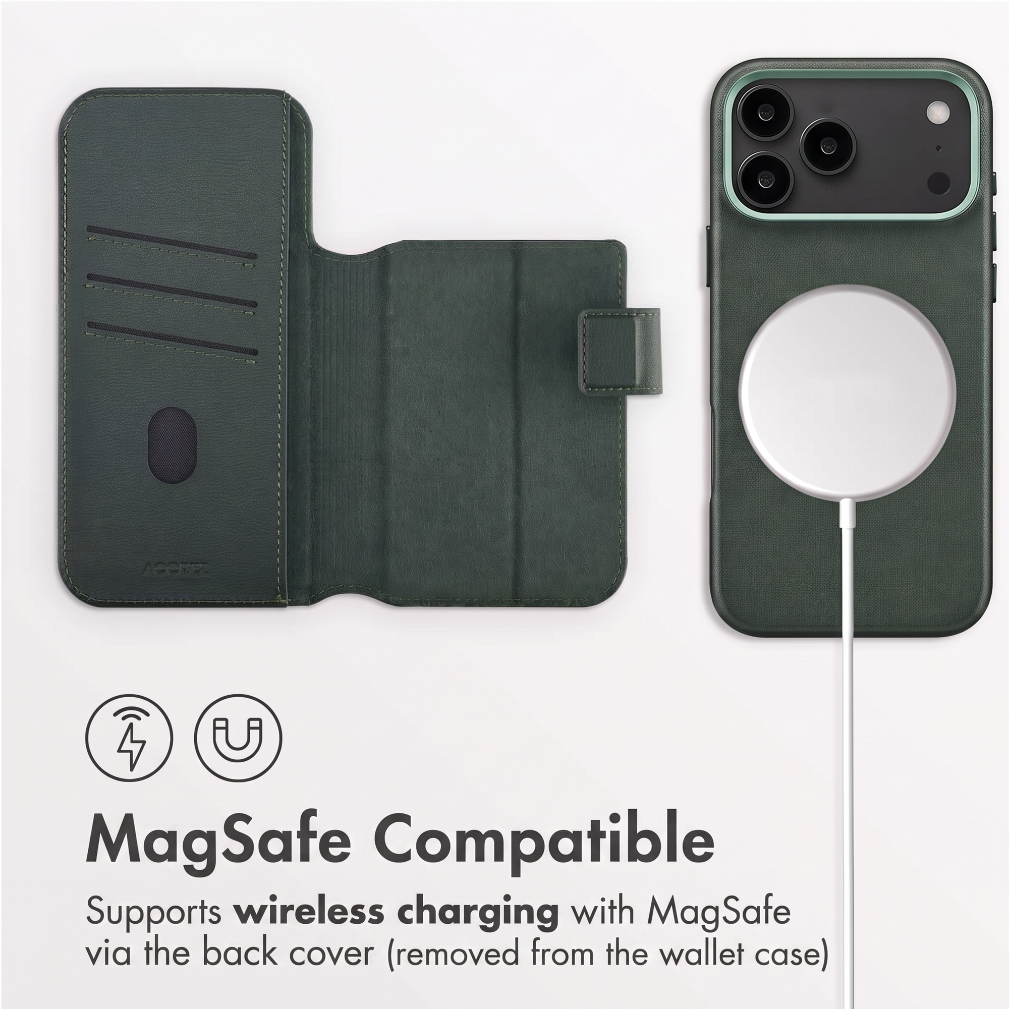 Une coque de téléphone vert foncé avec chargeur MagSafe et portefeuille ouvert à côté sur fond blanc.