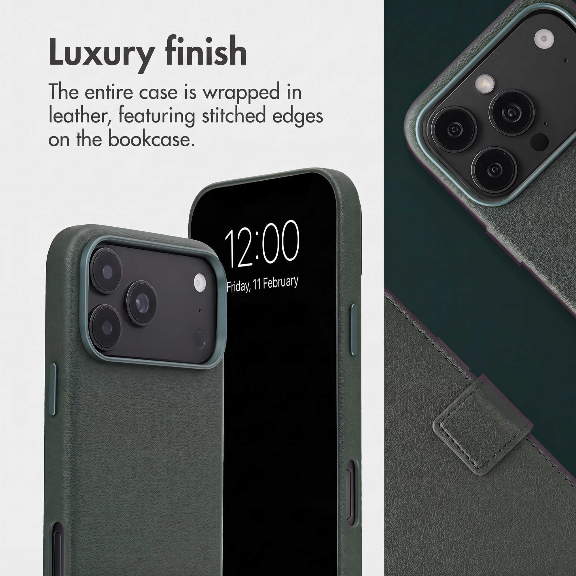 Étui de smartphone en cuir vert avec design de livre, présentant une finition de luxe et des bords cousus.