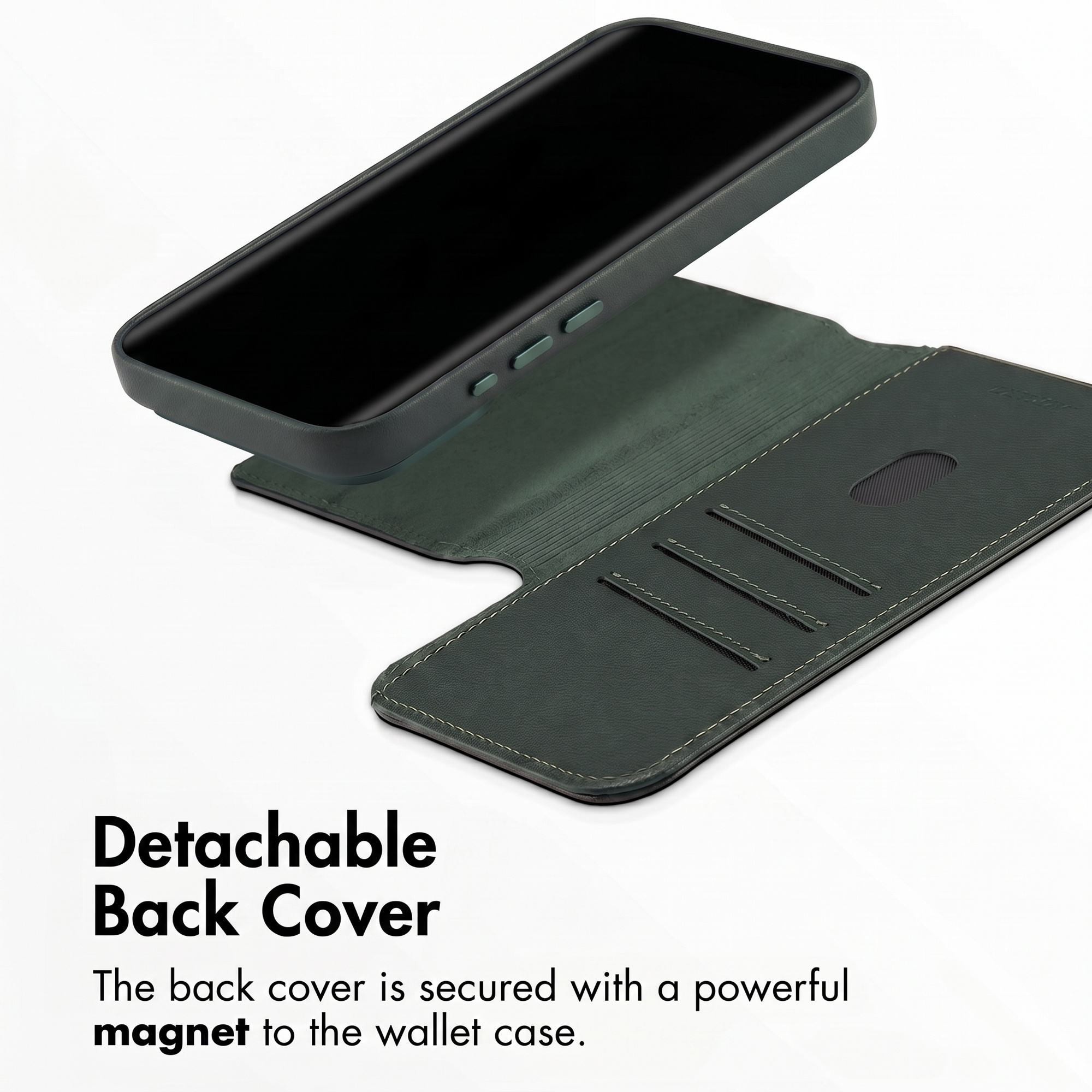 Un étui portefeuille en cuir vert foncé avec une coque de téléphone amovible au-dessus.