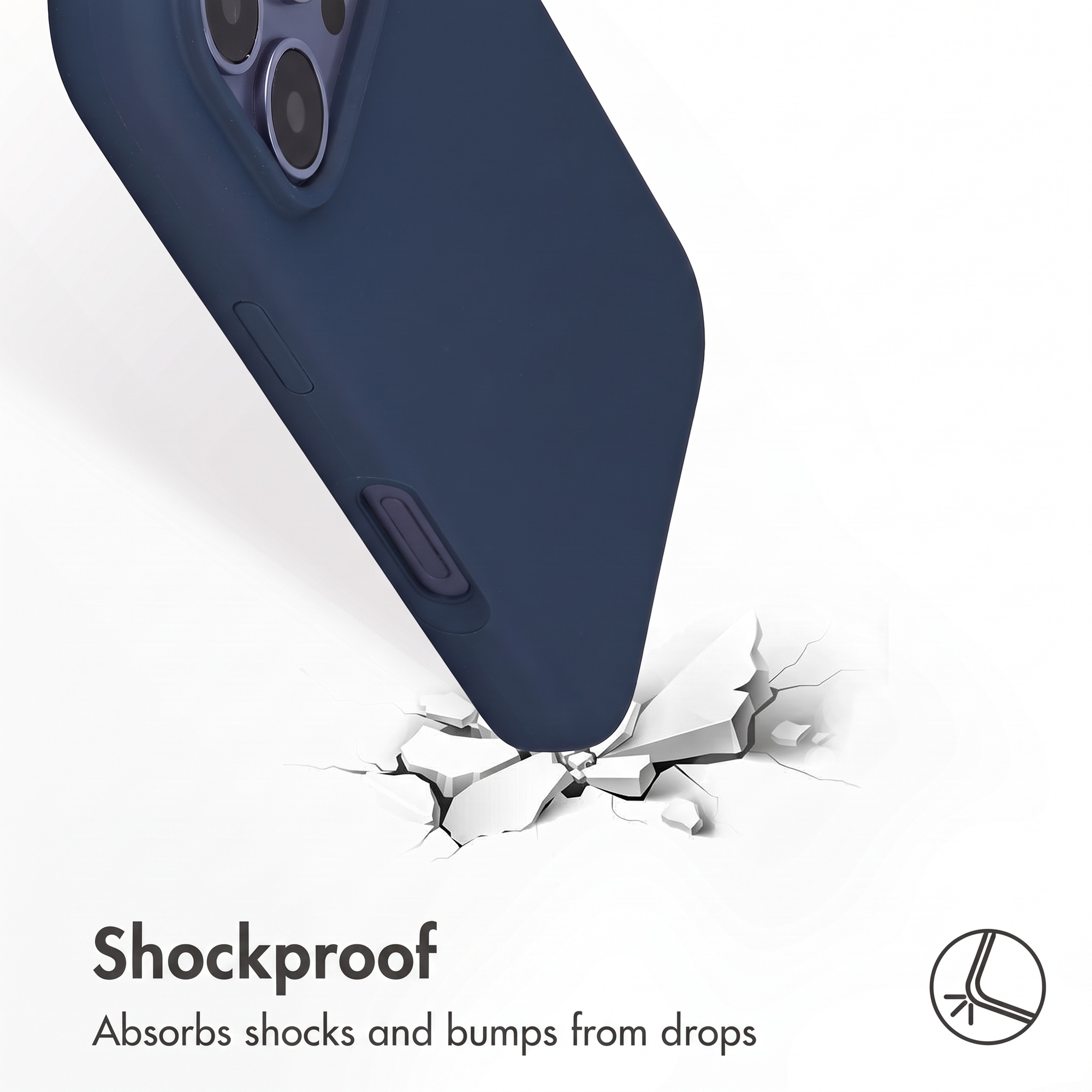 Blaue Smartphone-Hülle trifft auf eine zerbrechende weiße Oberfläche, was Stoßfestigkeit symbolisiert.