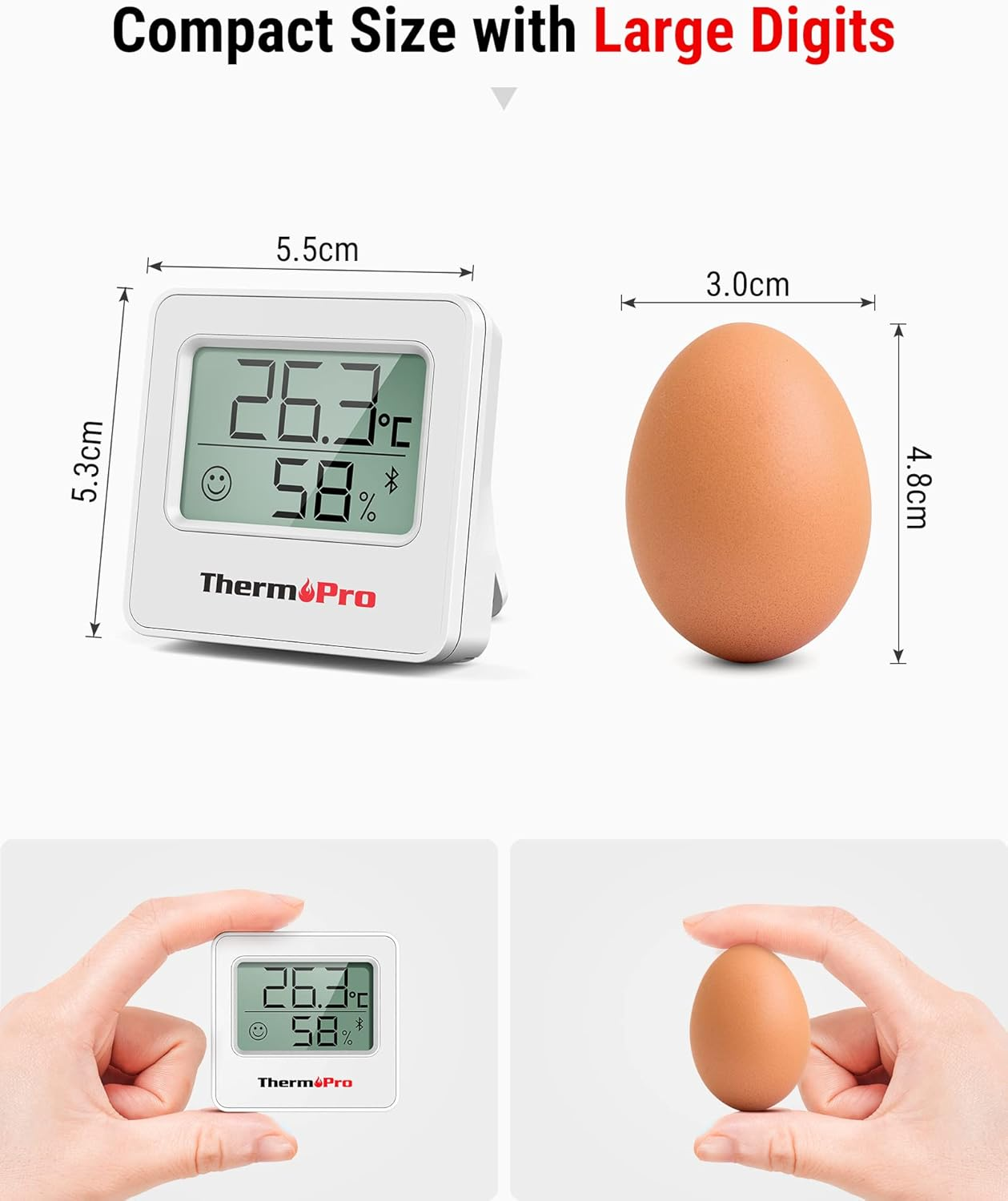 Vergleichsbilder zeigen einen ThermoPro-Hygrometer neben einem Húhnerei mit Maßangaben.