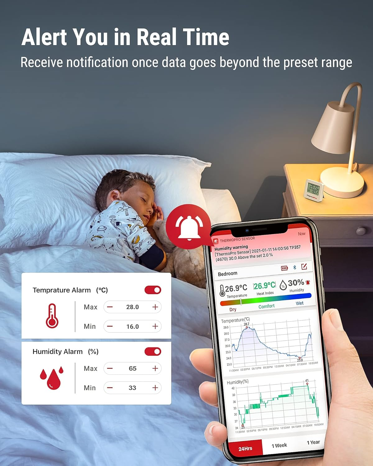 Smartphone zeigt Temperatur- und Feuchtigkeitsdaten eines Sensors in einem Schlafzimmer, während ein Kind schläft.