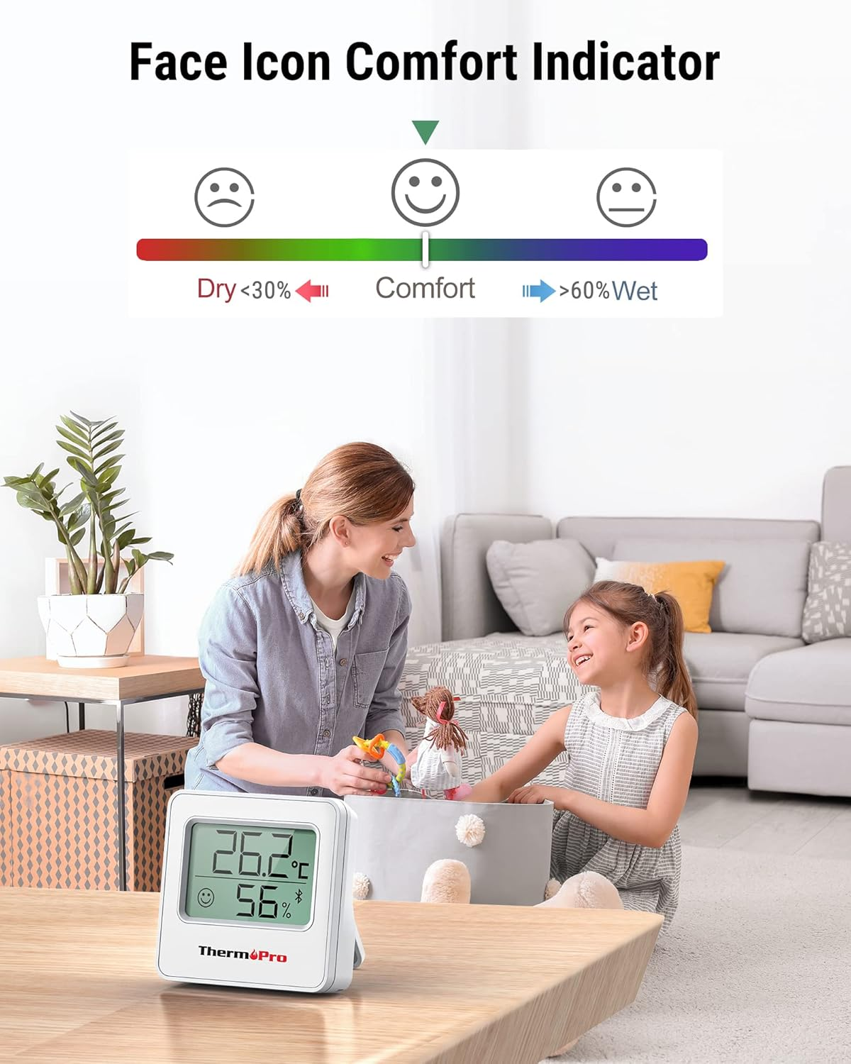 Eine Mutter und Tochter spielen im Wohnzimmer, davor ein ThermoPro Feuchtigkeitsmesser.