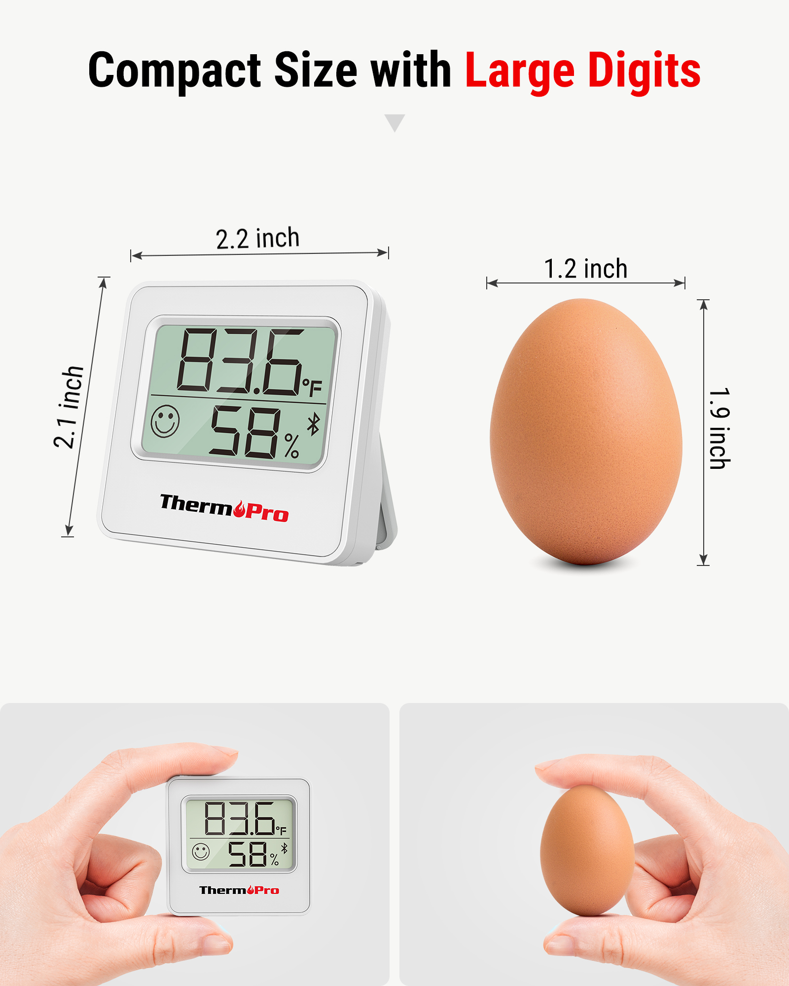 Kompaktes Thermometer mit großen Ziffern im Größenvergleich zu einem Ei.